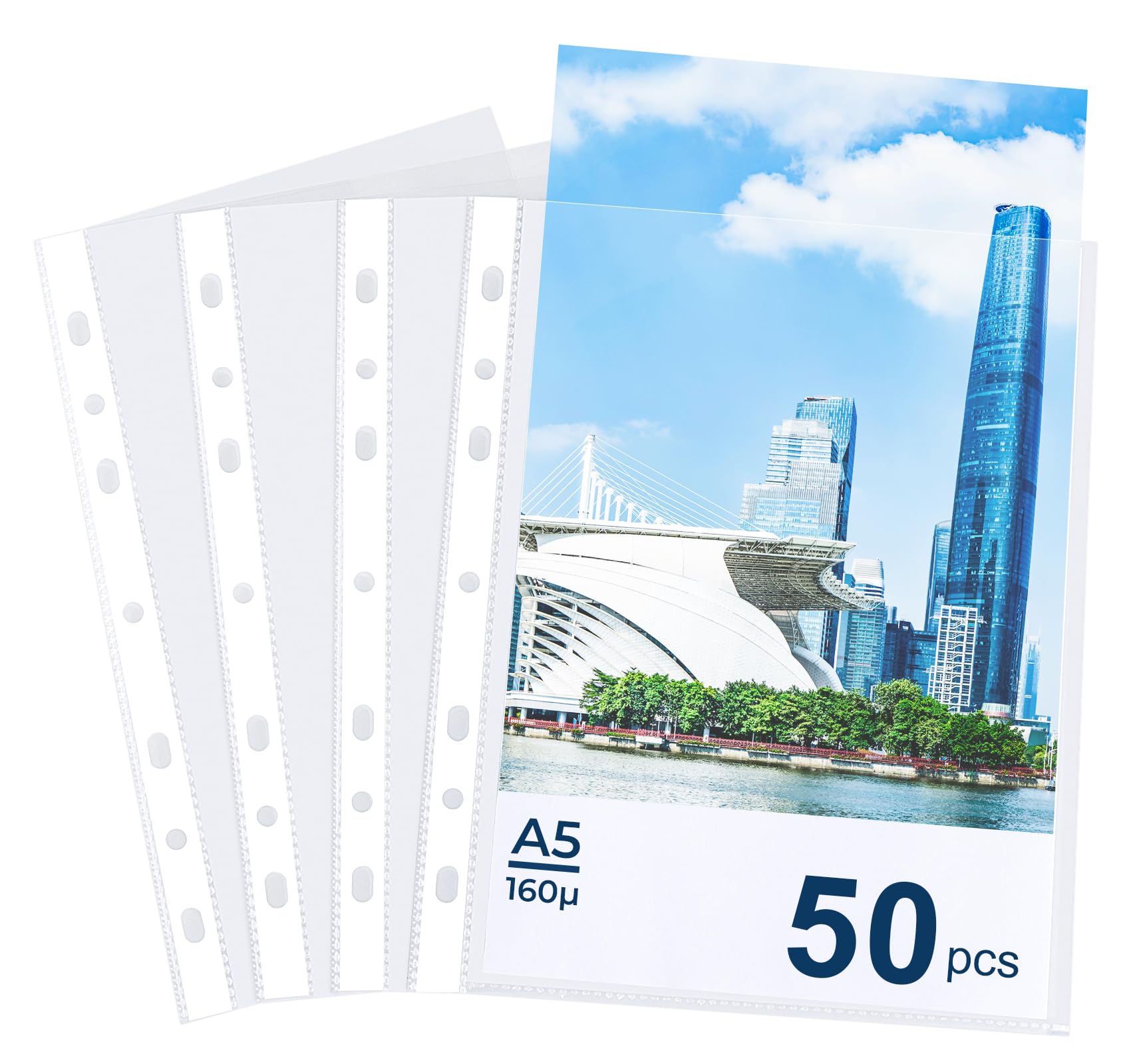 NOTEZMATE 50 Punched Pockets A5, Heavy Duty 160 Micron Crystal Clear Plastic A5 Folders Wallets, 7 Ring Top Opening Poly Pockets, Plastic Sleeves Paper for Lever Arch Files and Ring Binder Folders