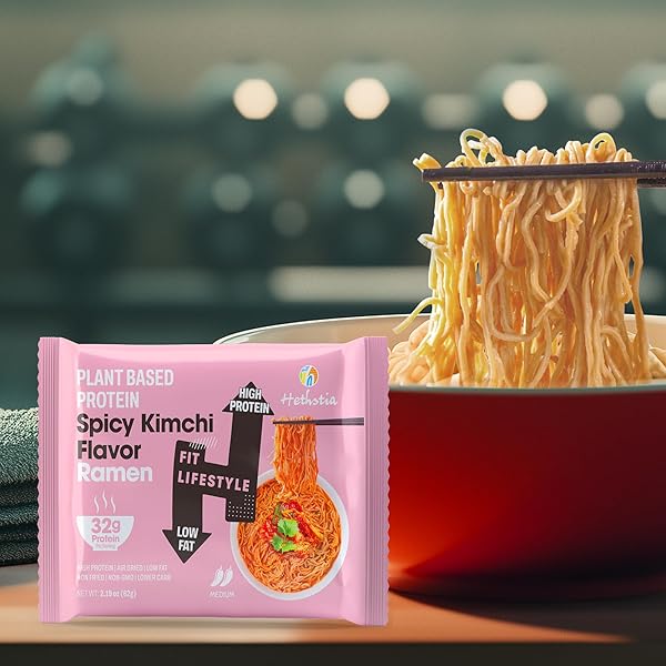 HETHSTIA PROTEIN RAMEN SPICY KIMCHI FLAVOR, 6-PACK INSTANT KIMCHI NOODLE SOUP, 32G PLANT-BASED PROTEIN, VEGAN, LOW FAT, NON-GMO, HEALTHY HIGH PROTEIN RAMEN MEAL