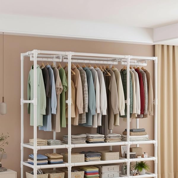WEALTHYHEART PORTABLE CLOSET,WARDROBE,HEAVY DUTY CLOTHES RACK WITH COVER,JAPANESE STYLE GARMENT RACK WITH 2 HANGING RODS,6 STORAGE SHELVES,43.3″ L X 17.7″ W X 65.1″ H,WHITE