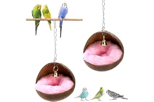 ZENFUN 2 Packs Coconut Bird Nest, Parrot Coco House with Warm Mat, Bird Cage Hanging Toy, Natural Wood Resting Breeding Place