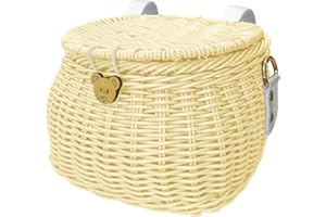 Alreczio Kids Bike Basket Set, Scooter Tricycle Basket, Children's Finely Woven Backpack with Lid Shoulder Strap Front Handlebar Rattan Basket