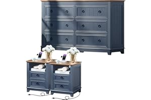 Joaxswe Farmhouse Furniture Set, Nightstands Set of 2 and 6 Drawers Dresser for Bedroom, 54 Inch Wide Wood Dresser and 18" Night Stands with Charging Station for Bedroom, Living Room, Hallway