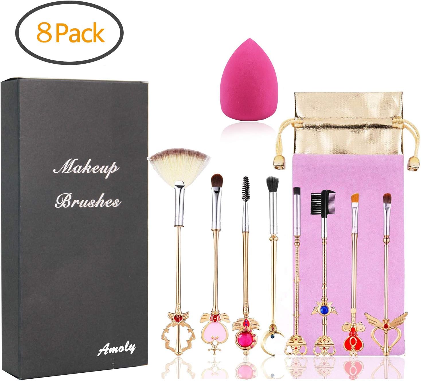 Makeup Brushes Sailor Cardcaptor Sakura Wand Magic Cosmetic Scepter Brushes Makeup Gold Cute Crystal Face Eye Shadow Eyeliner Foundation Blush Tool Set Pink Drawstring Pouch for Women Girls(8pcs)