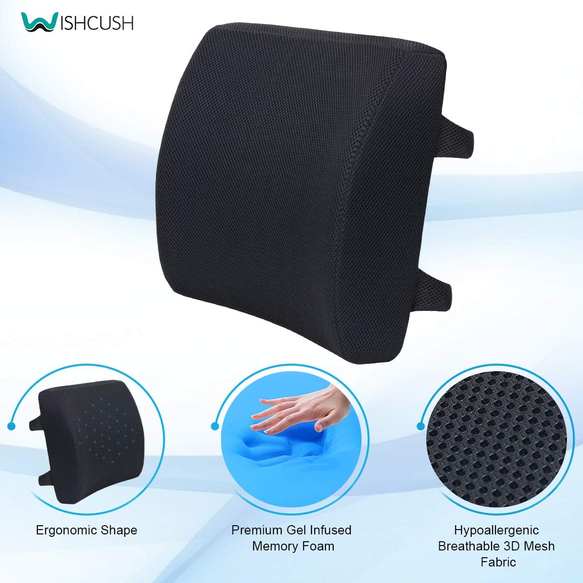 Wishcush Lumbar Support Pillow for Chair, Memory Foam Back Cushion for Car with Breathable 3D Mesh Cover and Ergonomic Shape Specially Designed for Lower Back Pain and Pressure Relief : Office Products