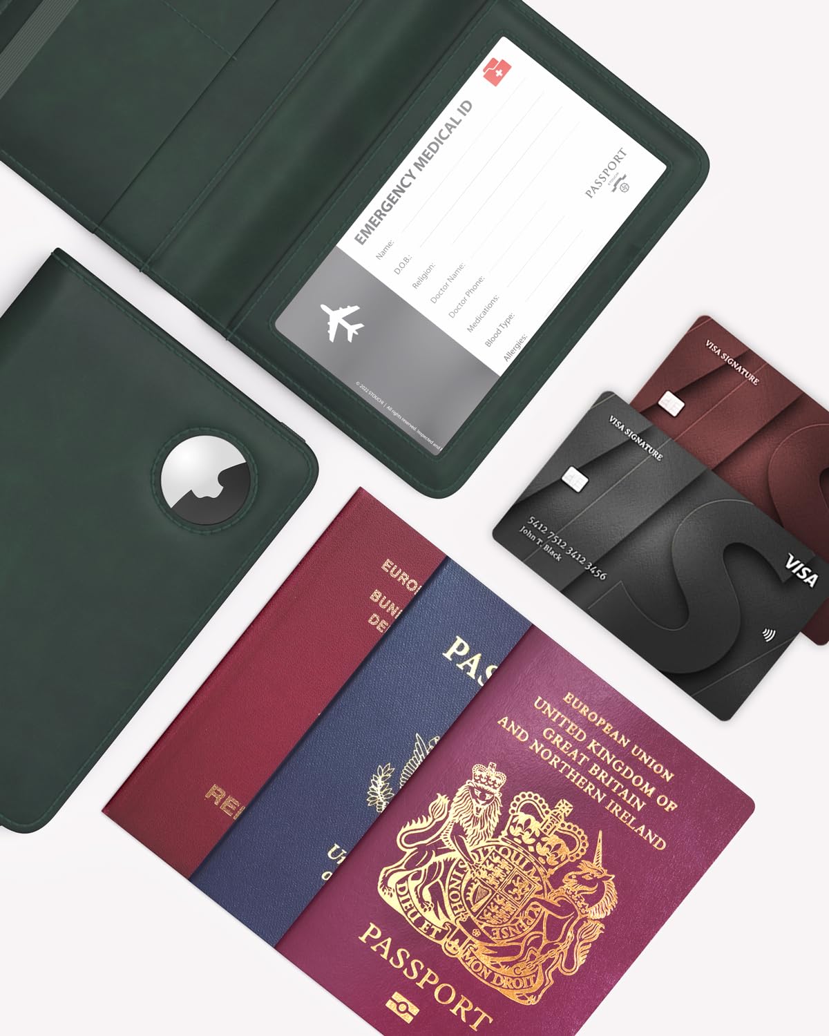 Stouchi Passport Holder with Airtag Slot, Airtag Passport Wallet for Men, Slim Leather Passport Holder Case Family for Travel Anti-Lost, Green