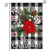 HOMETITUTE Merry Christmas Garden Flag 12x18 Inch Welcome Garden Flags Burlap Double-Sided Red Bow Candy Canes Snowflakes Pinecones Winter Holiday Banner Wreath Flag for Yard Lawn Decoration