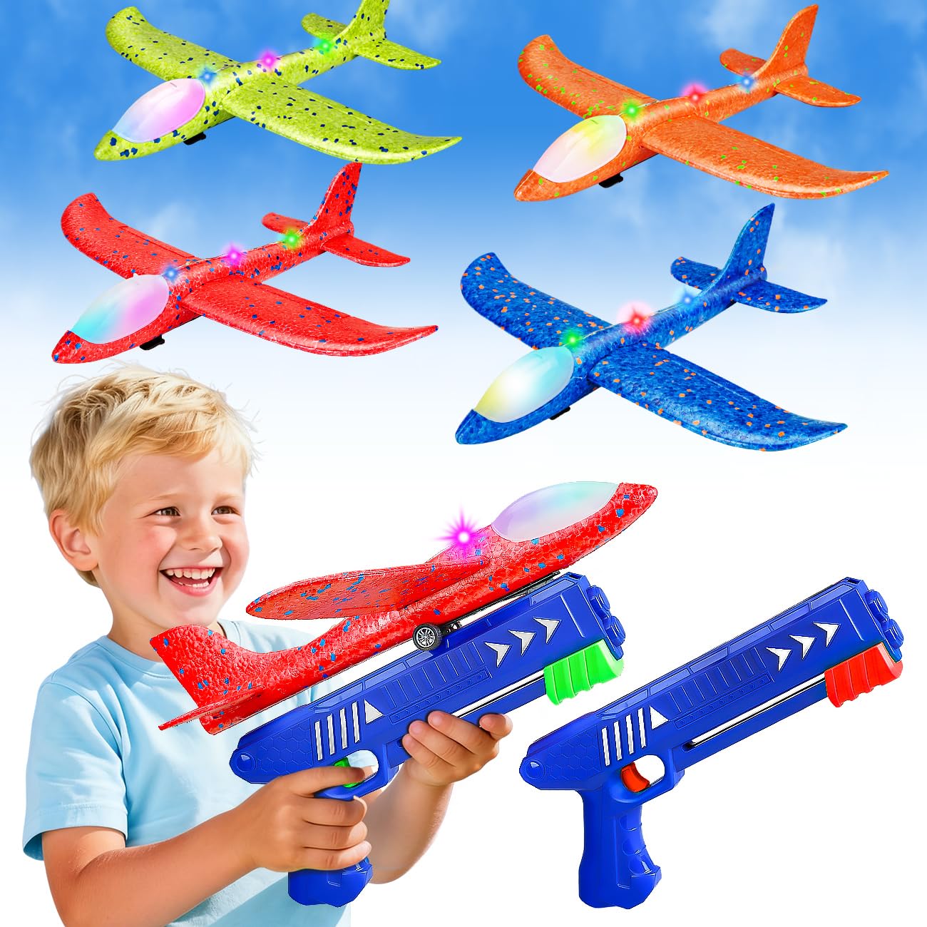 Winstico Boys Toys Age 4 5 6 7 8 9 Year Old Boy Gifts, Airplane Launcher Toy with 4 Pack Foam Glider Planes (Glider Planes-4)