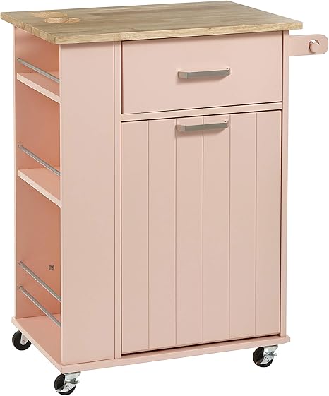 target marketing system lima mid century modern 3 tiered rolling kitchen island cart with pull out trash bin 28 7 blush pink