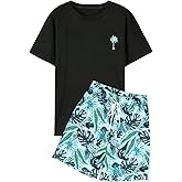 VahRuta Mens 2 Piece Summer Outfits Beach Vacation Outfit Hawaiian Coconut Printed Tee and shorts Set
