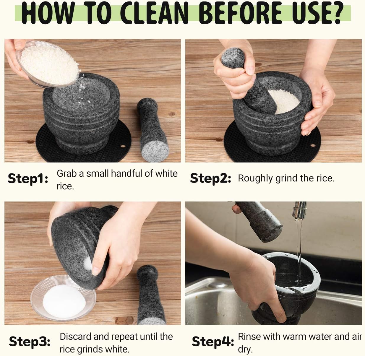 Tera Mortar and Pestle Set Granite Double Ended, 2 Cup-Capacity, Polished Natural Mortar and Pestle for Grinding Herbs Spices Making Guacamo: Kitchen & Dining