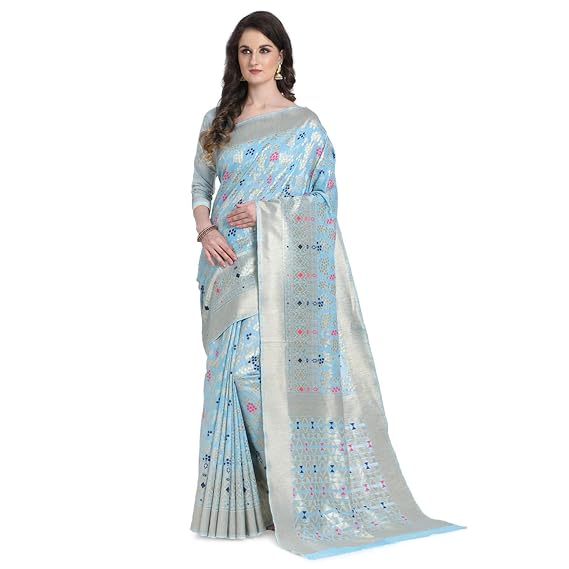 Women's Pure Linen Banarasi Kanchipuram Silk Blend Digital Zari woven Saree with Blouse