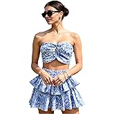 winkbay Women's 2 Piece Boho Outfit Floral Print Cut Out Crop Tube Top and Layered Ruffle Mini Skirt Set