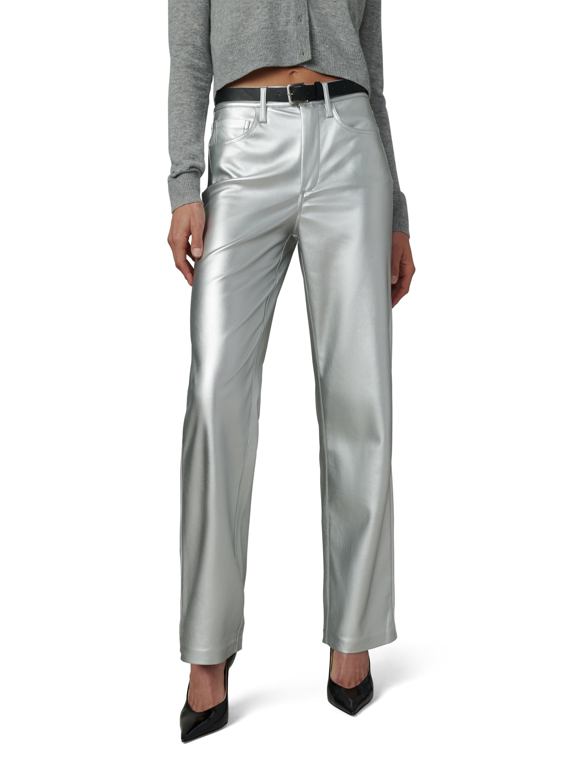 Joe’s Jeans Women’s The Margot High Rise Straight Leg Jean, Plated Silver Vegan Leather, 25