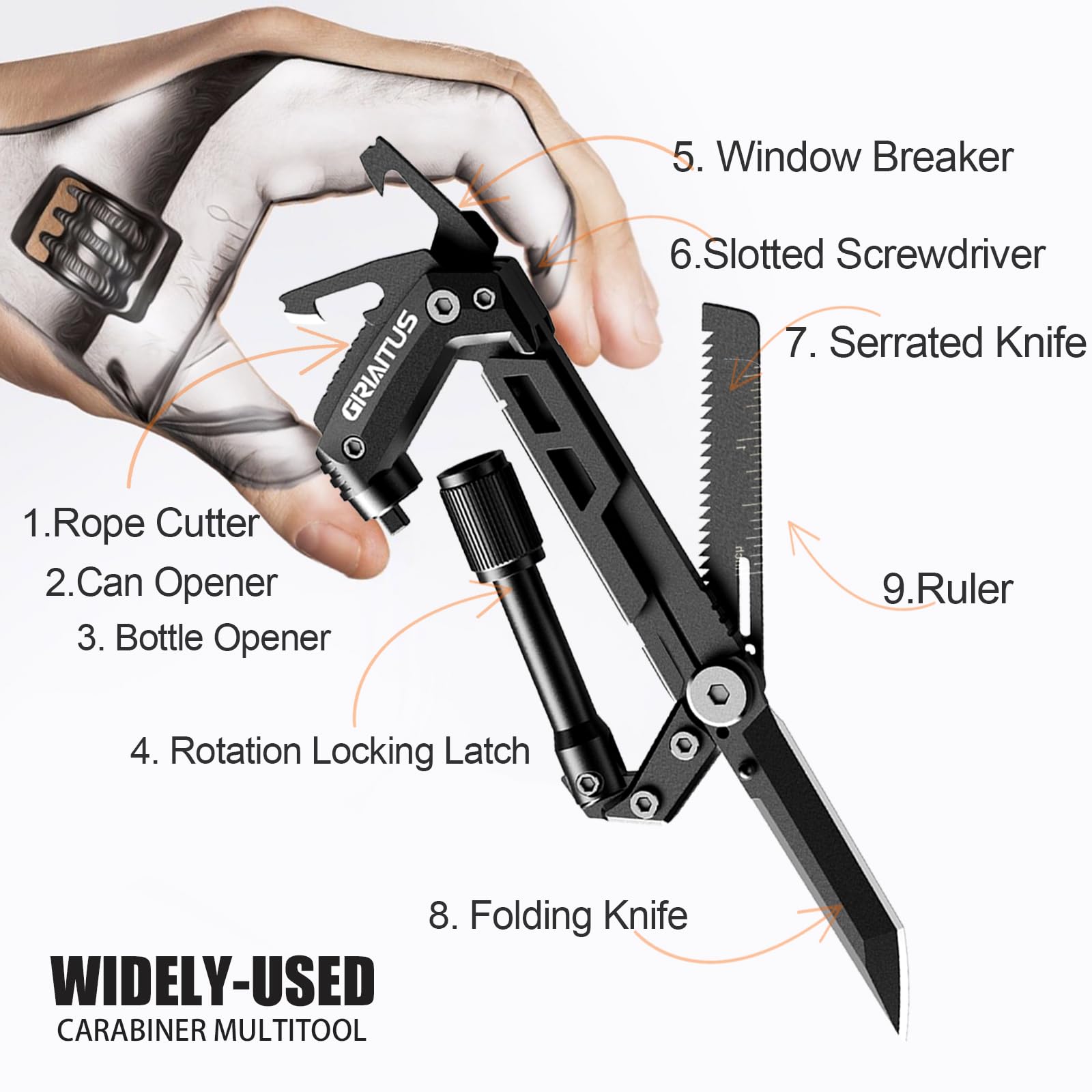 8en1 Karabiner Multitool mit Taschenmesser Säge Seilschneider Schraubendreher Dosen Flaschenöffner Lineal Klappmesser Geschenke für Männer Camping Zubehör Wandern (Schwarz) 2