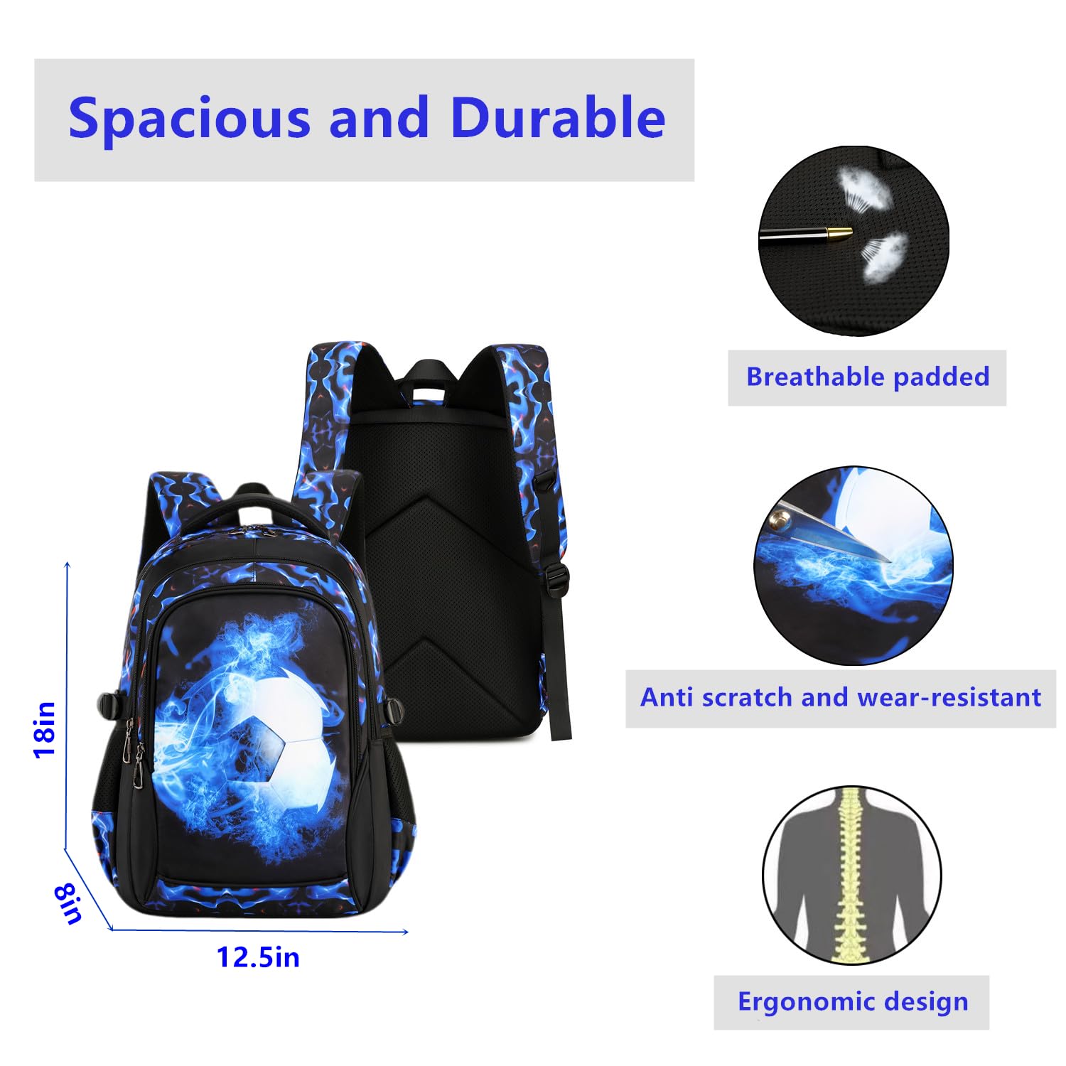 mezhsa Boys Backpack Kids Bookbag Durable Elementary Middle School Bags Soccer 18in (X-Blue)