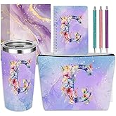 Personalized Gifts Monogrammed Birthday Gifts for Women, Cowerker Wife Sister Wedding Christmas Initial 20 oz Tumbler, Makeup Bag Cup Ballpoint Pens Journal Notebook 6 Set, (Aesthetic Purple Flower C)