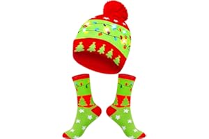 MGparty Christmas Hats Socks Winter LED Costume Light Up Beanie Knit Hat Crew Sock Holiday Party Favors for Adults Kids