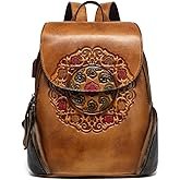 EBESA Leather Backpack for Women Organizer Retro Vegetable Tanning leather bag Vintage Embossing Totem (Orange brown)