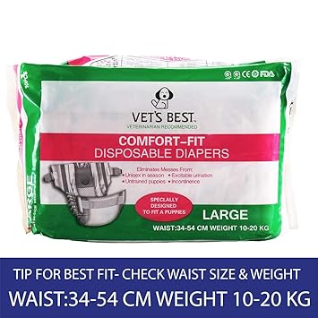 Wowdog Vet's Best Comfort Fit Leak Proof Disposable Dog Diapers with Absorbent Wraps (Large Size Waist 34-54 cm | Weight 10-20 KG)