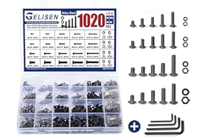 Gelisen 1020Pcs M2 M2.5 M3 M4 Black Hex Socket Button Head Screws Nuts Washers Assortment Sets,10.9 Class Alloy Steel Screws Bolts Kit with 4 Allen Wrenches