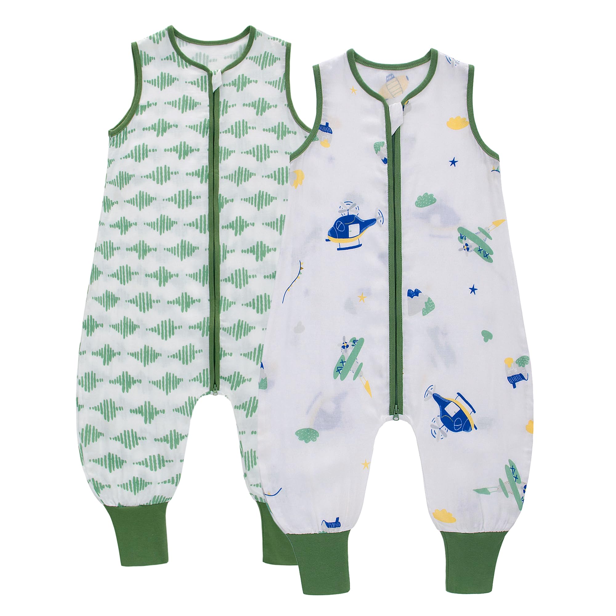 LAT Baby Summer Sleeping Sack with Feet 0.5 Tog, 100% Cotton Muslin Baby Sleeping bag with Legs Sleeveless Toddler Sleep Sack Wearable Blankets for Boy Girl(Green Airplane+Stripe,2 Pack,S/70(3-12M))