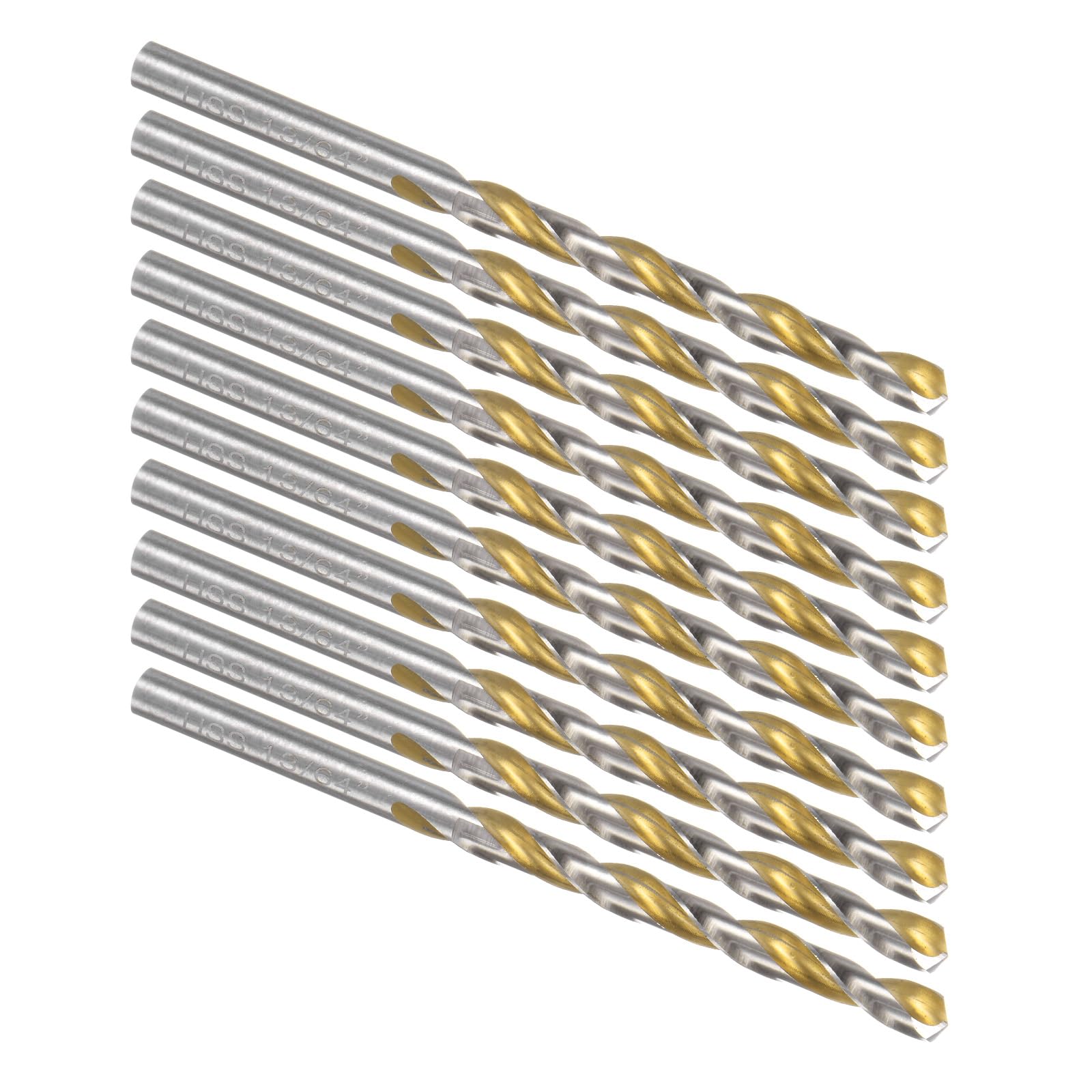 Kozelo 10Pcs Twist Drill Bit - [13/64"] Titanium Oxide Gold High-Speed Steel Round Shank Jobber Bit Set for Metal Wood Plastic Steel Use, 59mm / 2.32" Blade Length