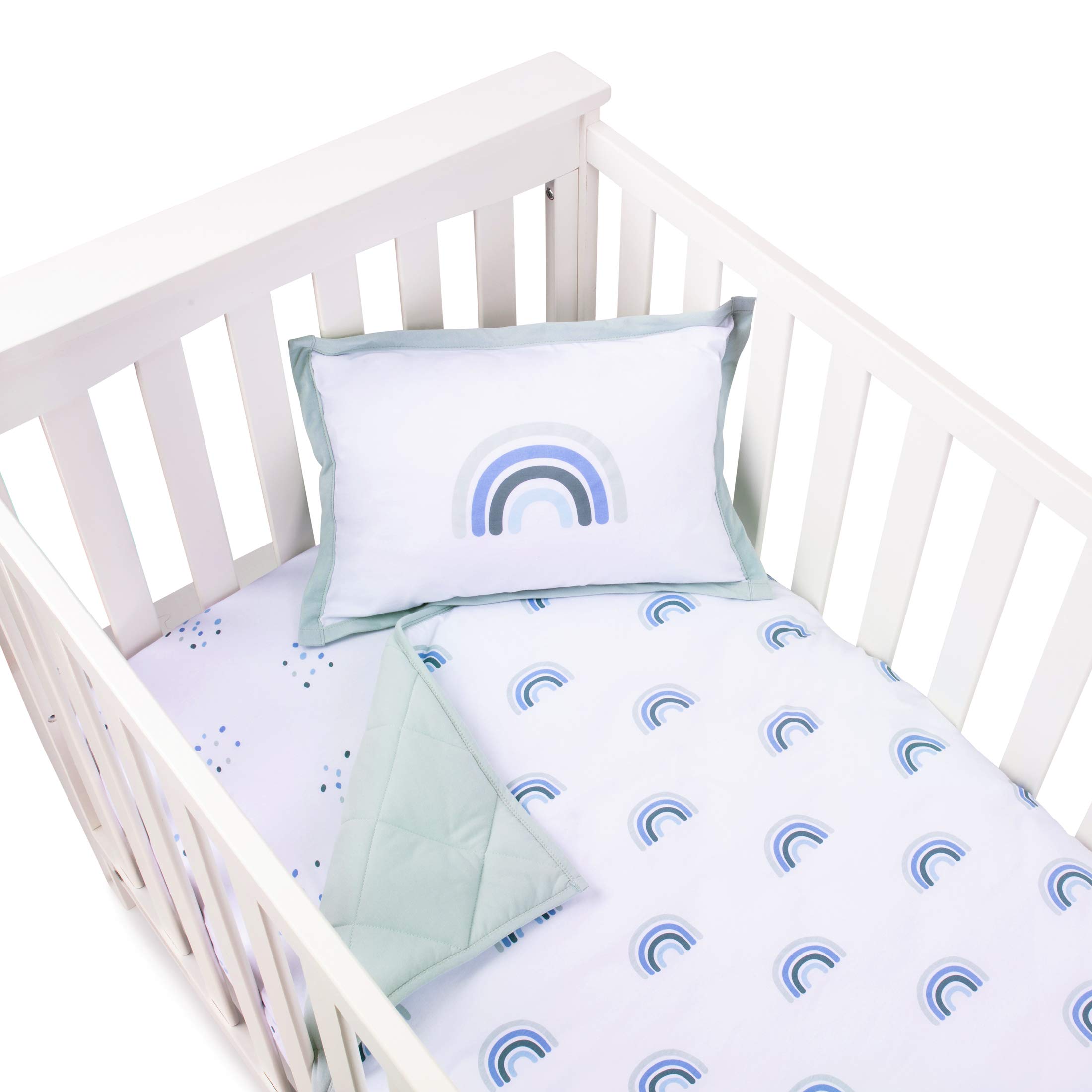 Ely's & Co. Baby Crib Bedding Sets for Boys and Girls — 4 Piece Set Includes Crib Sheet, Quilted Blanket, Crib Skirt, and Decorative Toddler (Blue Rainbow, 4 Piece)