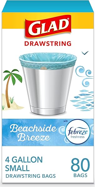 GLAD SMALL TRASH BAGS 4 GALLON, FEBREZE BEACHSIDE BREEZE GARBAGE BAGS, ODOR RESISTANT WITH DRAWSTRING, 80 COUNT