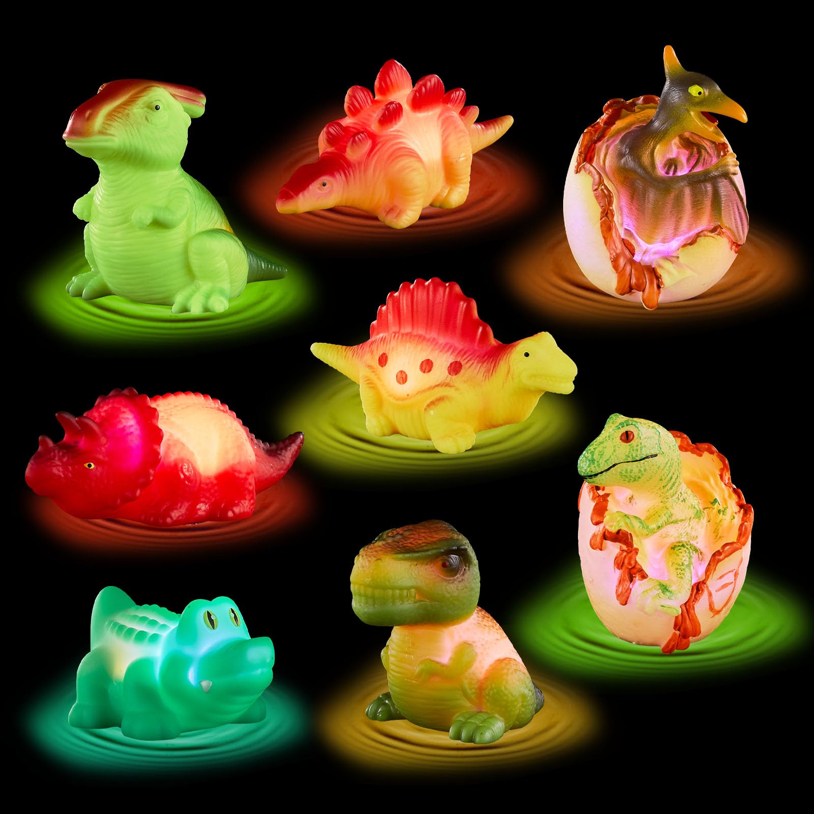 Dinosaur Toy Bath Floating Toy with Auto Flashing Early Learning Toy Dinosaur Theme Model 8 Pcs Bathtub Shower Toy Gift for Kids and Pets