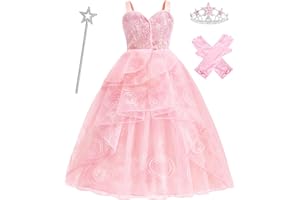 ODESABO Pink Witch Costume for Girls with Crown Wand Gloves,Halloween Costume for Kids Girls Good Witches Princess Dress Up
