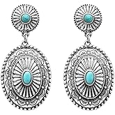 Rosemarie Collections Women's Western Concho Style Turquoise Howlite Stone Drop Statement Post Earrings, 2"