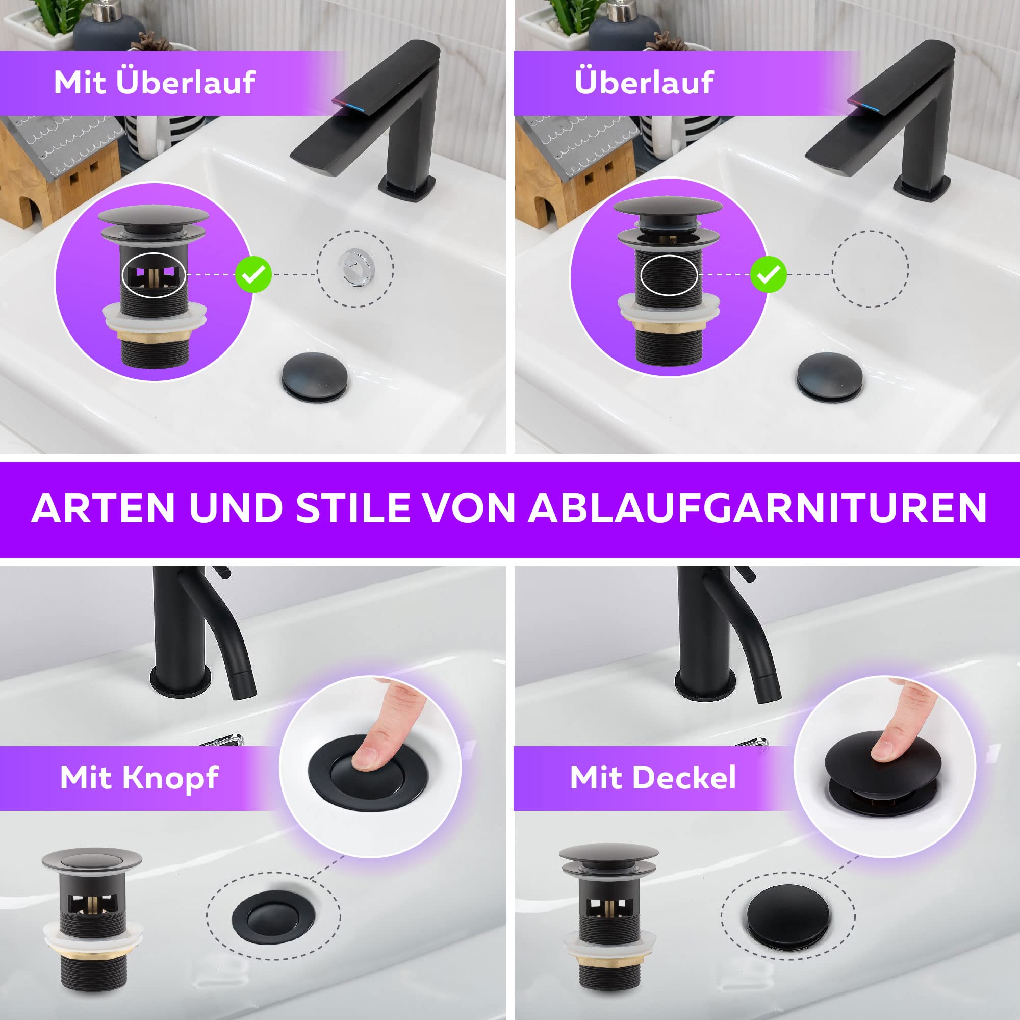 M. ROSENFELD HOME Drain Fitting Sink with Overflow Black Matt, Drain Valve Pop Up 1 1/4 Made of Stainless Steel & Brass for Washbasin, Drain Fitting, Sink Pop-Up Valves, Easy Installation