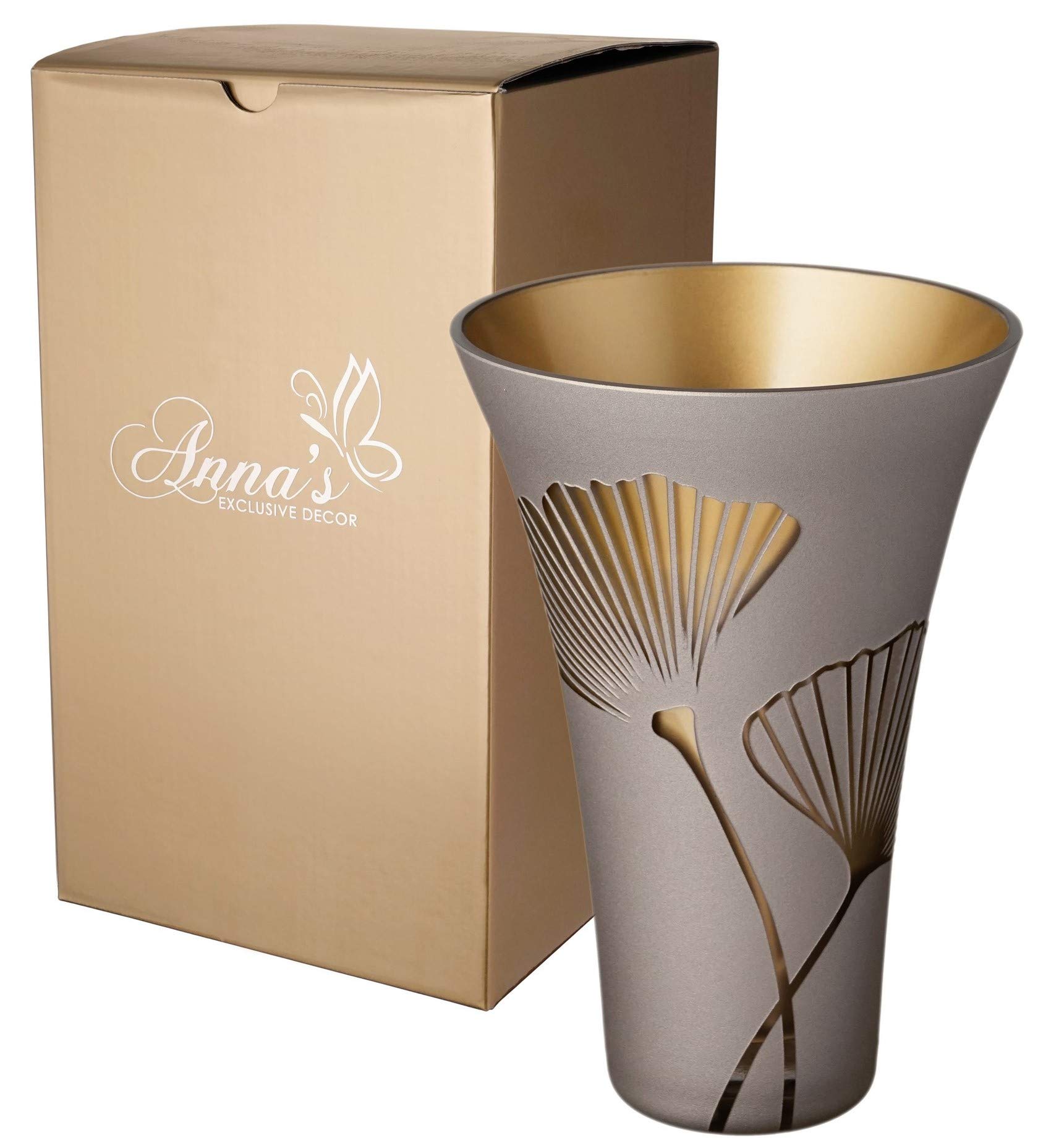 Golden Glass Vase - Etched and Painted Gold Ginkgo Leaves Decor - Mouth Blown Thick Glass - Elegant Home Wedding Decor - Golden Gift Box - 9.4 in (24 cm)