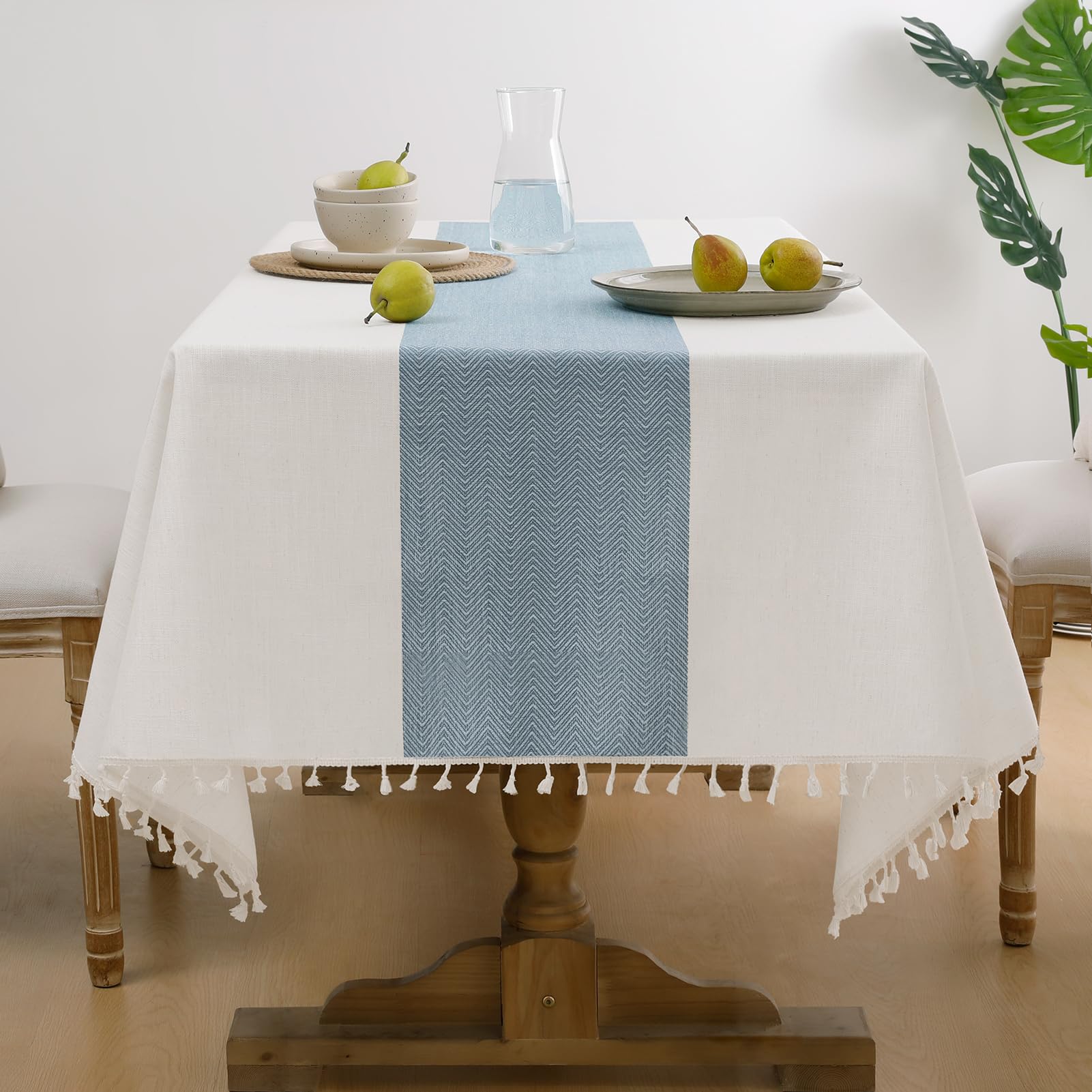 Photo 1 of Softalker Outdoor Tablecloth Rectangle, Waterproof Linen Cotton Farmhouse Table Cloths with Tassel, Heavy Weight Wrinkle Free Fabric Table Cover for Dining/Party/Rustic - 55 x 70 Inch, Blue Stripe