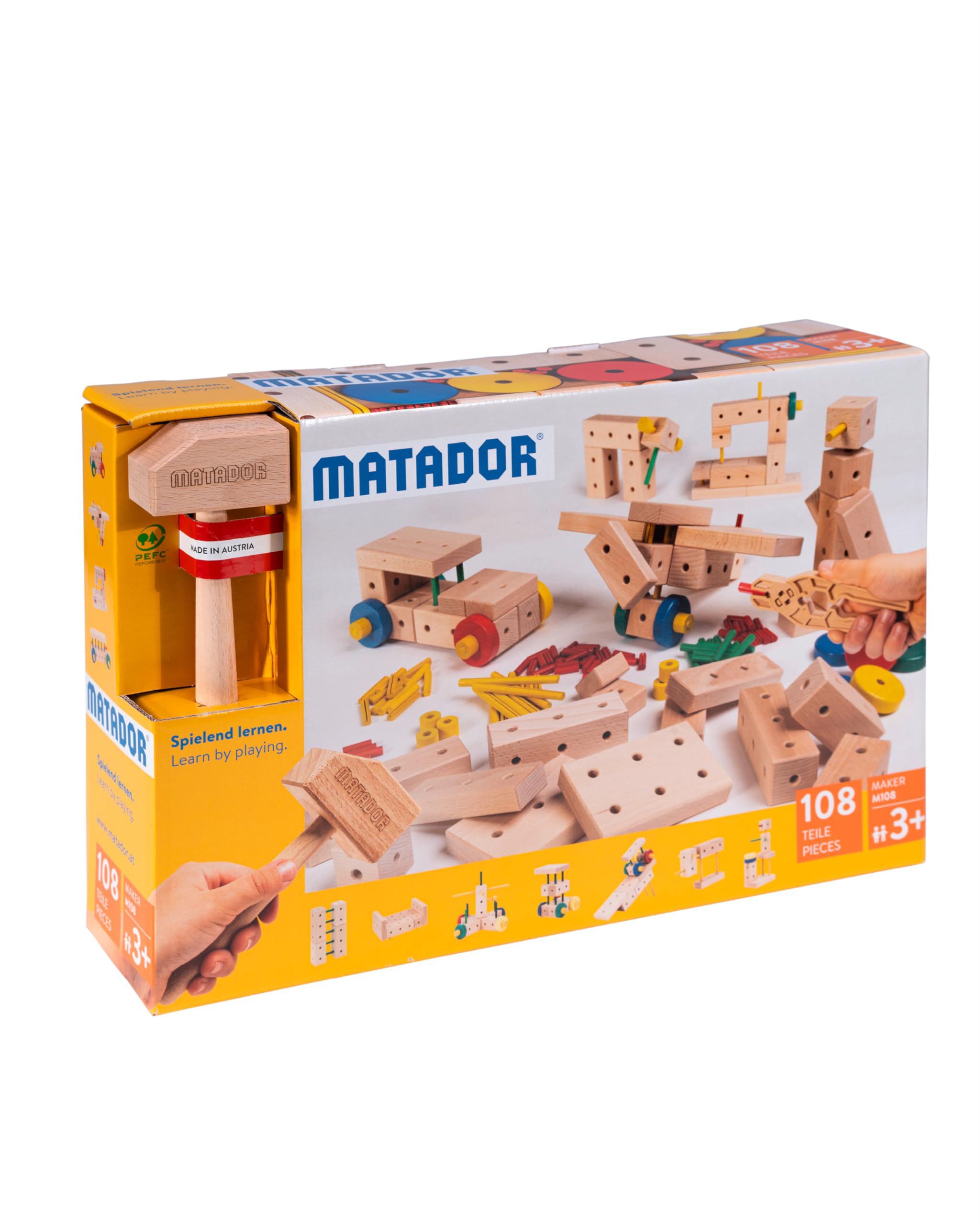 Matador Kinder Baukasten ab 3 Jahren 108-tlg. - Spannendes Holz Konstruktionsspielzeug zur Schulung von Kreativität und Feinmotorik, Bauspielzeug mit Stäbchen, Klötzen, Hammer & Zange