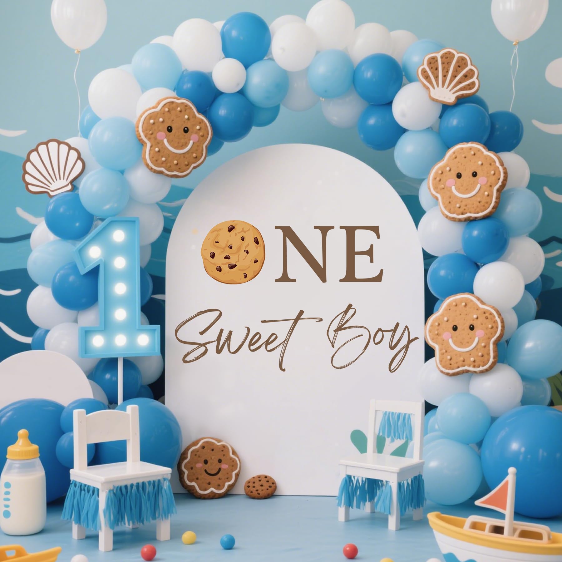 Photo 1 of One Sweet Boy Birthday Party Decorations - One Sweet Boy Decal, Cookies Sign for Balloons Arch Backdrop, First Birthday Decorations for Girl, Cookies Wall Decor, 1St Party Supplies for Girl