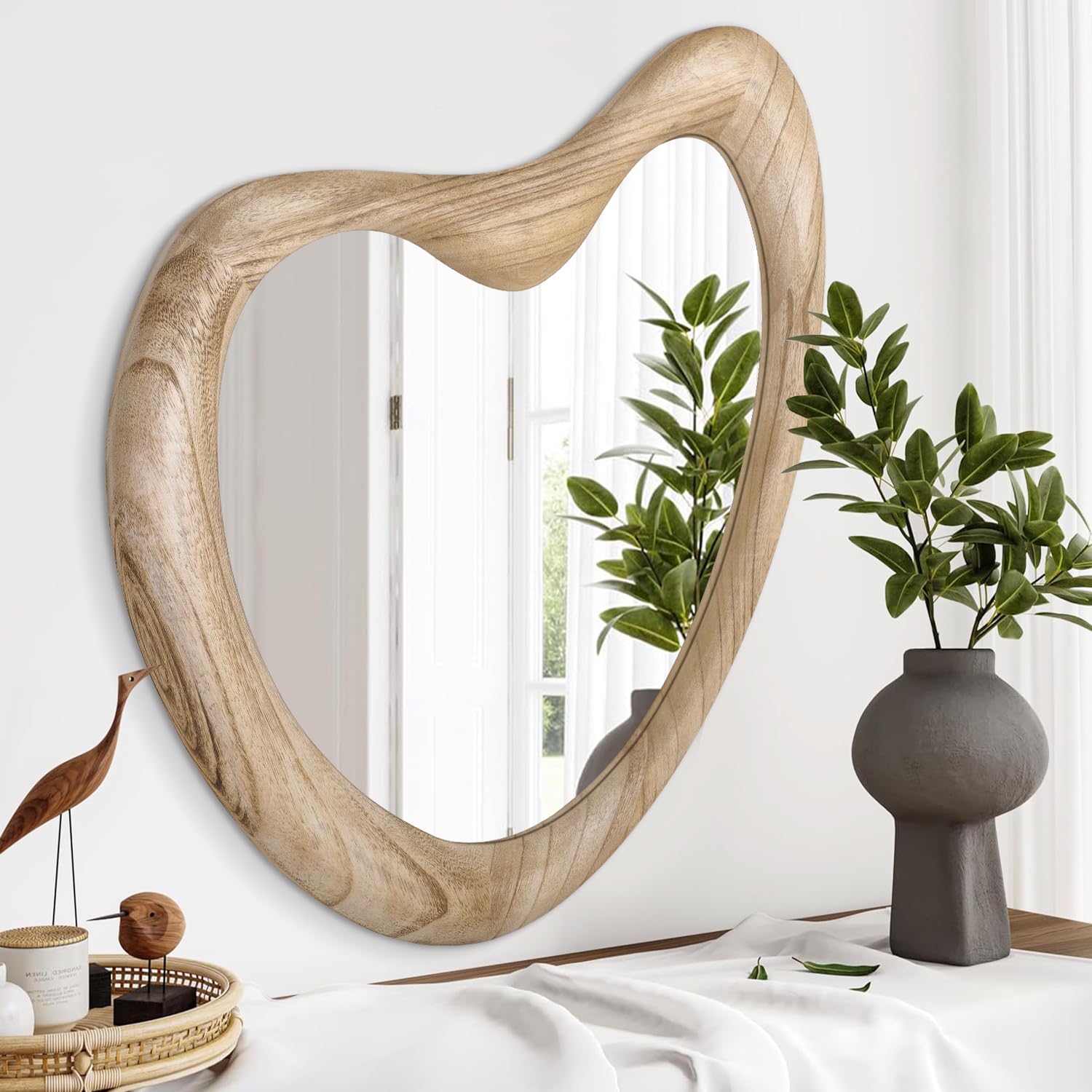 HLFMVWE Irregular Wall Mirror, Asymmetrical Mirrors, Large Wall Mounted Framed Bathroom Unique Vanity Mirror, Irregular Dressing Mirrors for Bedroom Living Room Entryway, 50 x 40cm Crude Wood โ image 1