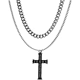 Joddfly Double Layer Cross Necklace, 316L Stainless Steel Cuban Chain with Jesus Cross Pendant, Religious Jewelry
