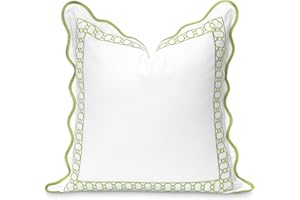 Hofdeco Premium Coastal Patio Indoor Outdoor Scalloped Throw Pillow Cover Only, 20"x20" Water Repellent for Backyard, Couch, Green Embroidered Begonia Pattern Chain Frame