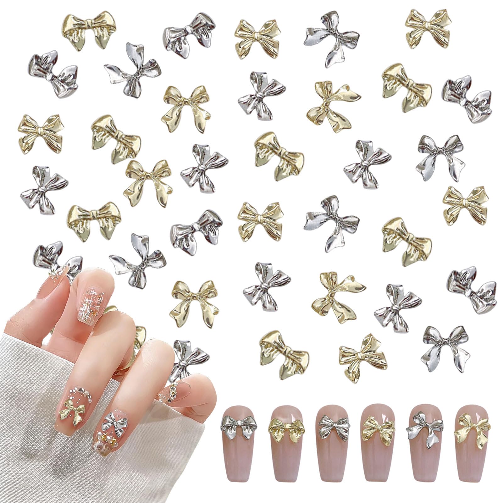 OTKARXUS Bow Nail Charms,60PCS Gold Silver Metal Nail Art Bows,Bowknot Bow Tie Nail Gems Alloy Nail Art Decorations Supplies for Women Girls Manicure Design DIY Crafts (B Gold & Silver)