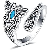 EJALEN S925-Sterling-Silver Abalone Dragonfly-Turquoise Spoon Ring - Vintage Boho Sunflower Thumb Oxidized Wrap Rings Victorian Style Antique Floral Jewelry Gifts for Women