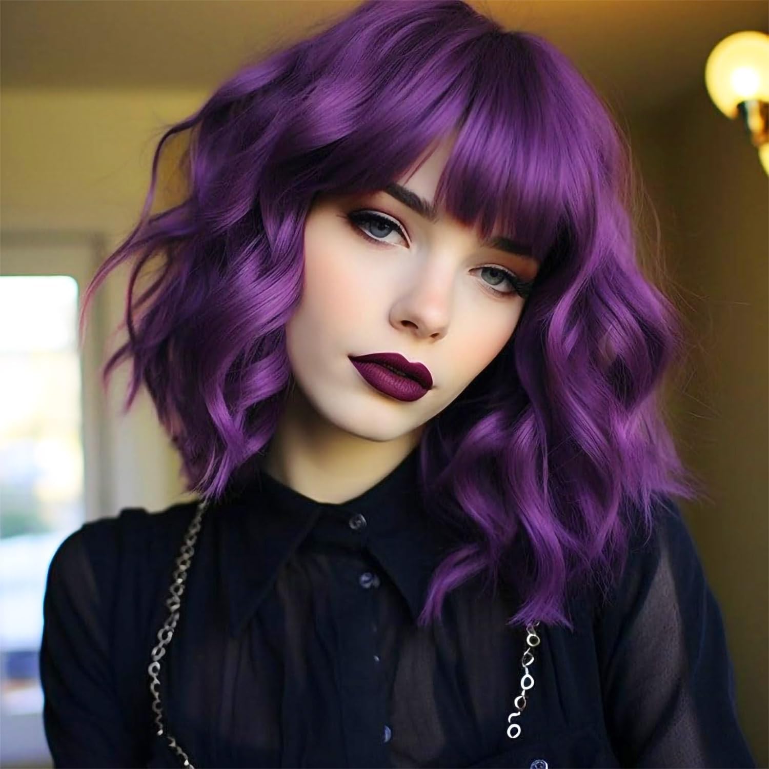Colorfulpanda Short Bob Dark Purple Wigs for Women Shoulder Length Wavy Curly Wig with Fringe Natural Synthetic Heat Resistant Hair Wig Daily Party wig 14 Inch — image 1