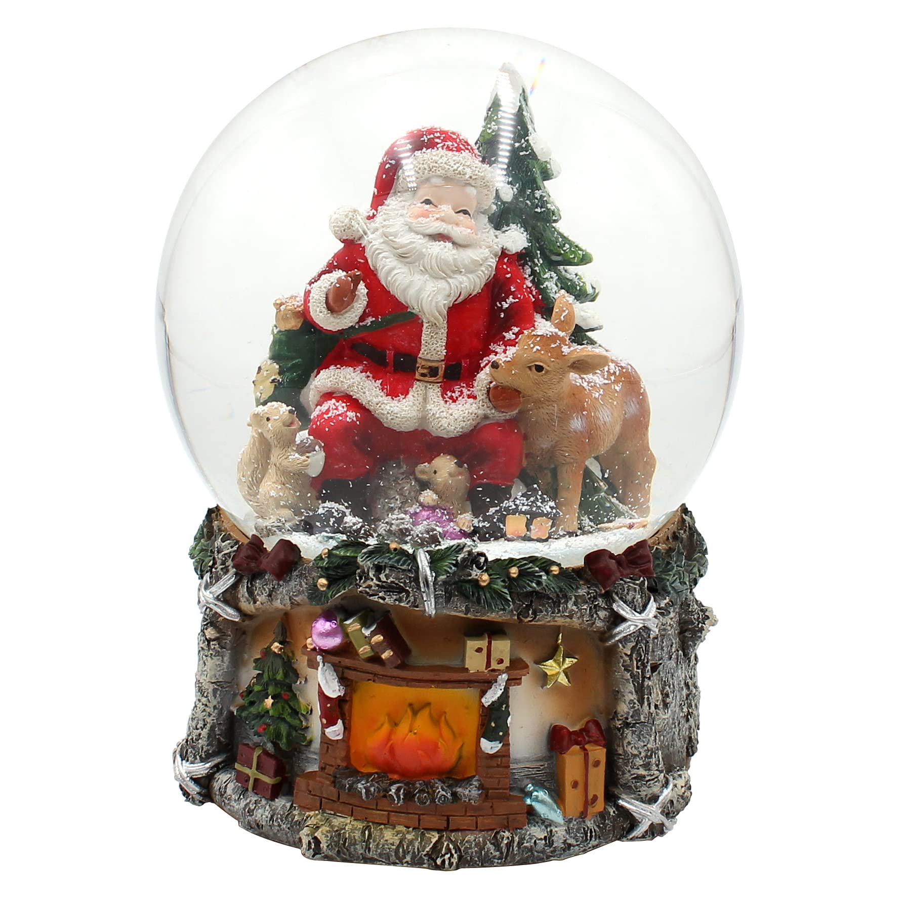 XXL Snow Globe, Santa Claus with Deer and Christmas Tree, with Sound, on Elaborately Decorated Base, Dimensions (L x W x H): 15 x 15 x 20 cm, Ball Diameter 15 cm