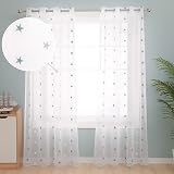 Deconovo Teal Blue Linen Look Eyelet Curtains Kids Star Design 245x140 cm view 2