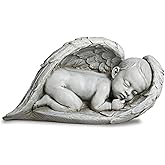 DevotedWalls 8" Sleeping Angel in Wings Statue-Guardian Angel Baby Statue,Resin Memorial Gift Figurine for Home,Shelf,Nursery Display,Sweet Baby Sleeping in Angel's Wing (Stone Colord)