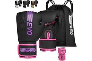 EVO Fitness Matte Black Boxing Gloves Men Women MMA Muay Thai Martial Arts Kick Boxing Sparring Training Fighting Punch Bag Pink Gloves with Hand Wraps