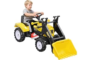Aosom Kids Manual Pedal Ride-On Excavator with Front Loader Digger, Ride-On Tractor for 3 Year Old, Yellow