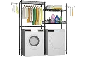 Ulif Clothes Drying Rack, Over Washer and Dryer Laundry Room Bathroom Towel Storage Shelf, Space Saver with Adjustable Shelves, Wire Basket, and Rotatable Hooks, 63.4"L x 13.4"D x 76.7"H, Black