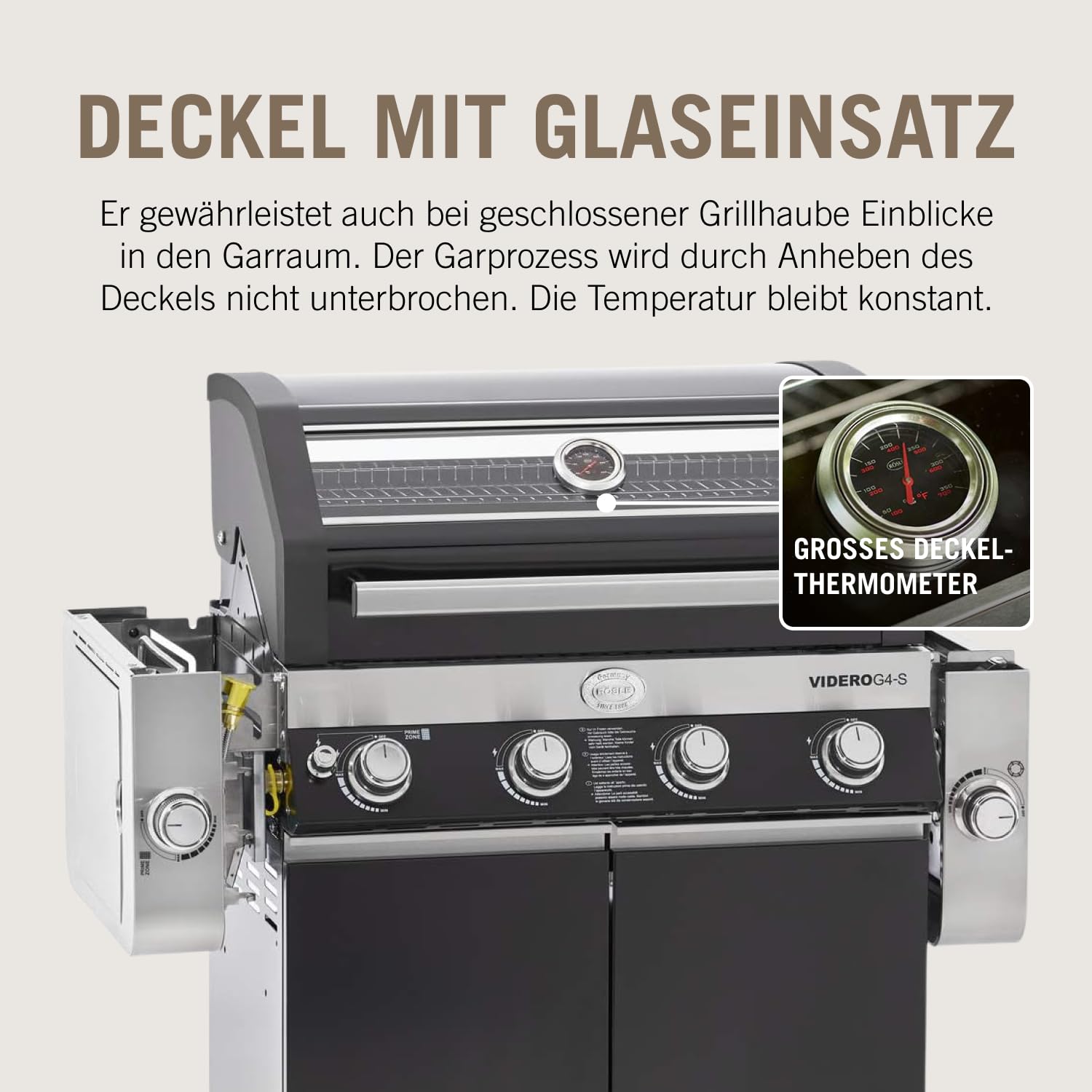 RÖSLE Gasgrill BBQ-Station VIDERO G4-S Schwarz, Grill mit 4 Edelstahlbrennern, extra Primezone und Seitenbrenner, klappbare Seitentische, VARIO+, pulverbeschichteter Stahl 3