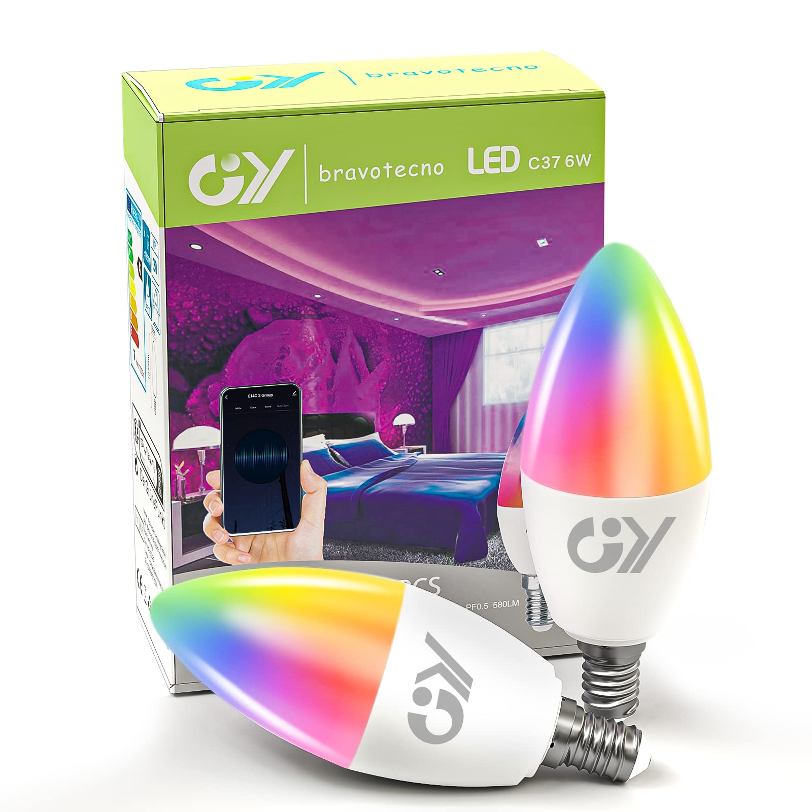 GY Smart Bulb C37 E14 Alexa Light Bulbs,6W 600lm 2700K-6500K RGB Dimmable Colour Changing Compatible with Alexa/Google Home 2.4 GHz WLAN,2 Packs